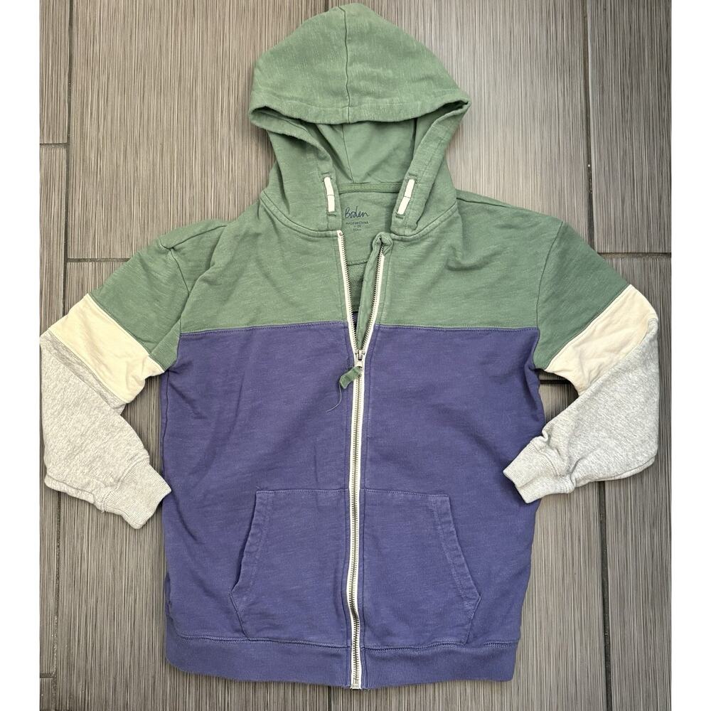 Boden Boys Colorblock Zip-through Hoodie Size 11/12 Green/Blue/Gray Cotton